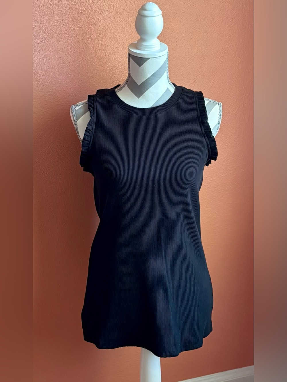 Sleeveless Black Ribbed Tank with Ruffle Trim